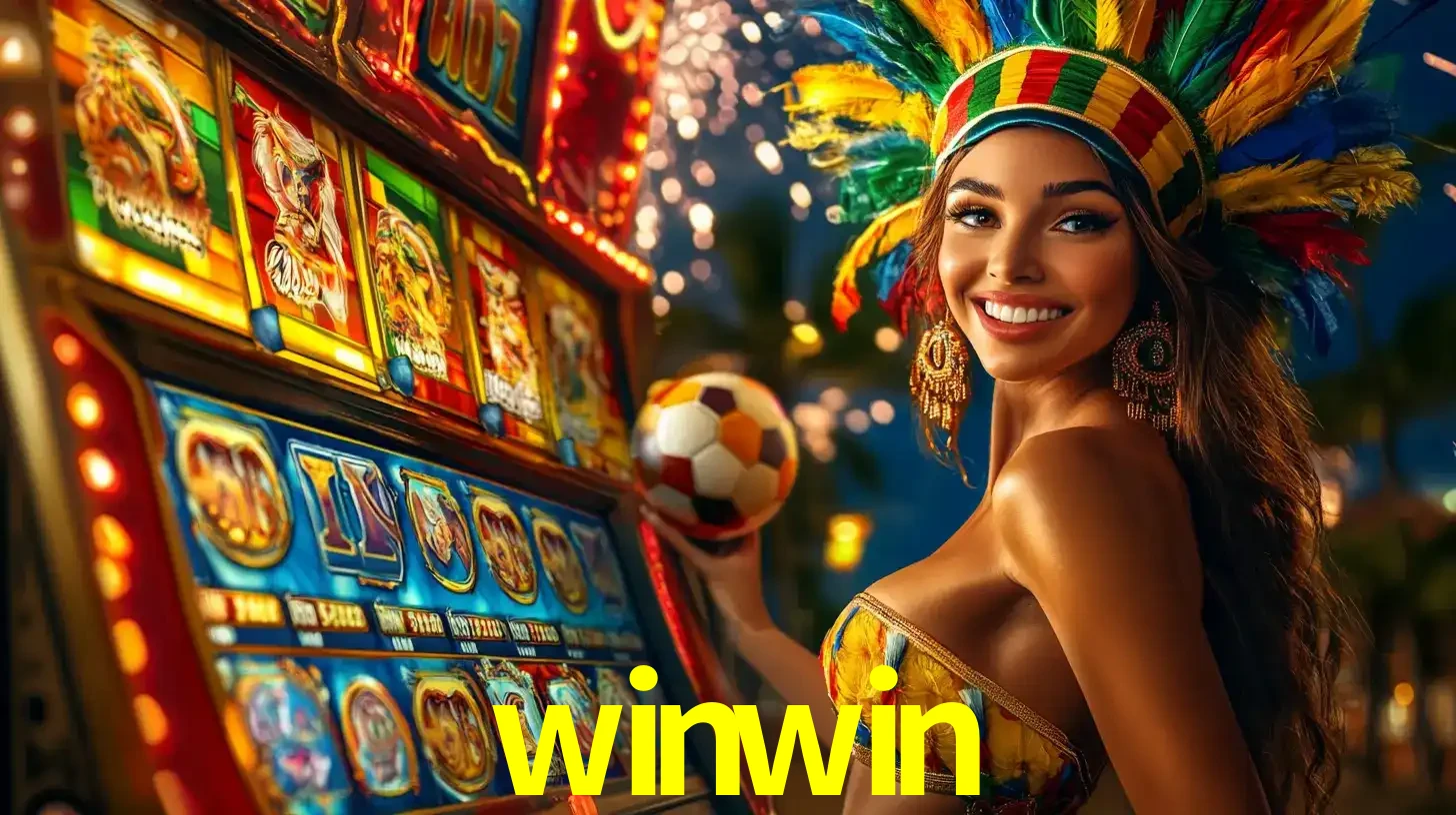 Mulher com um cocar de carnaval ao lado de uma máquina de caça-níqueis enquanto segura uma bola de futebol, mostrando a união da diversão de cassino e esportes no winwin.