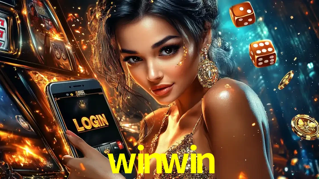 Mulher glamourosa segurando um celular com a tela de login do cassino winwin, rodeada por dados e moedas douradas, pronta para começar a diversão.
