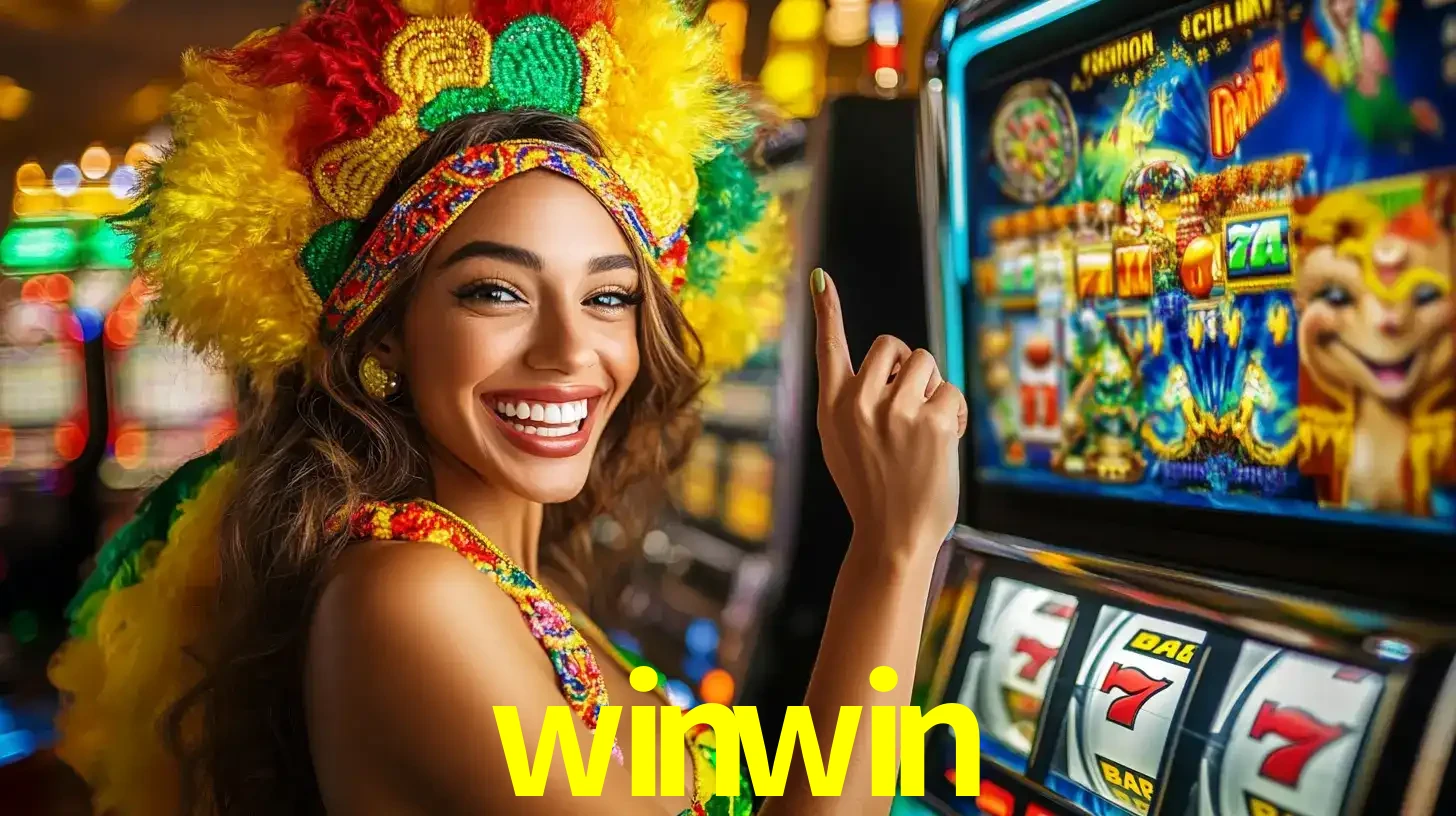Mulher animada com um cocar de carnaval apontando para uma máquina de caça-níqueis, mostrando a emoção de ganhar um grande prêmio nos jogos do winwin.