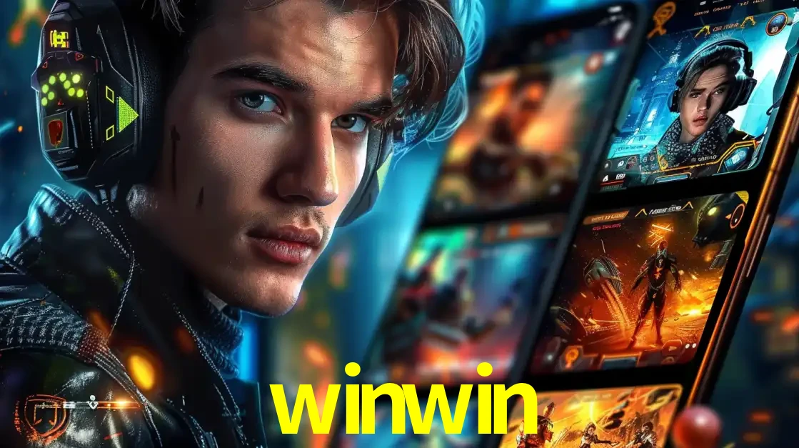 Jovem jogador com fones de ouvido olhando para a câmera, com um aplicativo de jogos e e-sports para celular ao fundo, pronto para a competição e apostas no winwin.