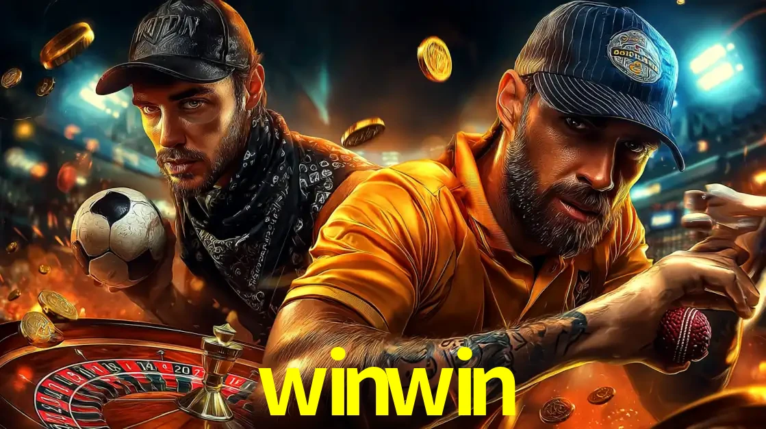 Montagem de apostas esportivas e cassino no winwin, com um homem segurando uma bola de futebol e outro uma de beisebol sobre uma roleta e moedas voadoras.