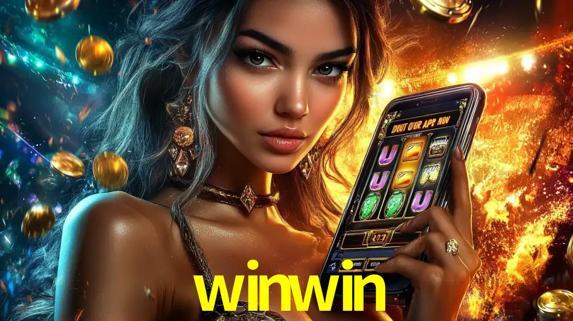 Mulher elegante mostrando um jogo de caça-níqueis em seu smartphone, destacando a experiência de cassino móvel oferecida pelo aplicativo winwin.